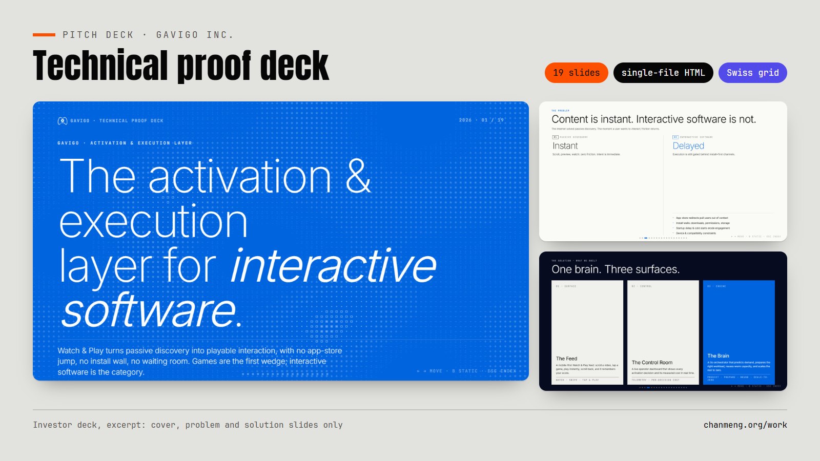 The cover, problem and solution slides of GAVIGO's technical proof deck