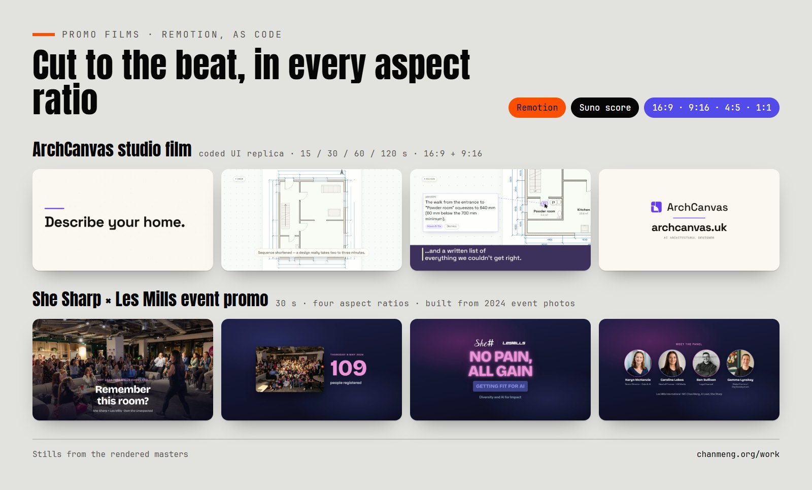 Stills from two films: the ArchCanvas studio film (a coded replica of the product UI) and the She Sharp × Les Mills event promo
